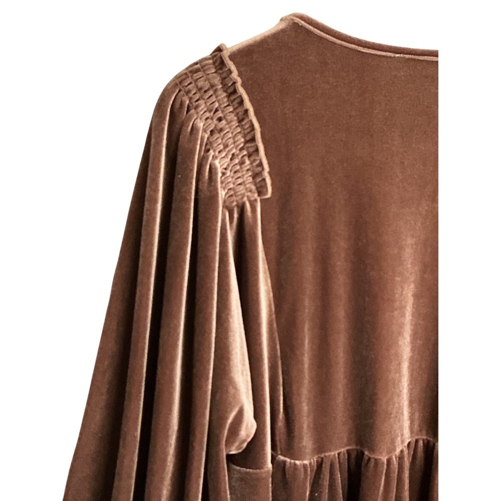 Umgee Brown Velvet Babydoll Mini Dress V-Neck Smocked Pockets XL WA0325 - Picture 9 of 14